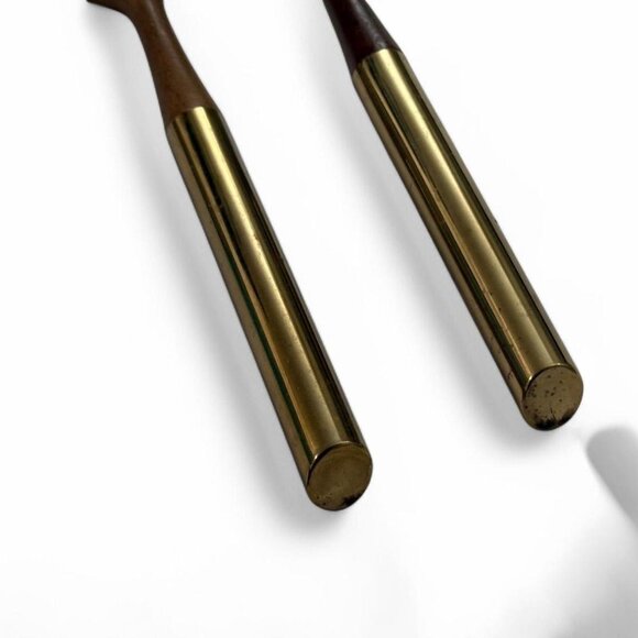 Vintage Mcm Nasco Japanese Brown and gold wooden / metal salad fork & spoon set - Picture 3 of 7